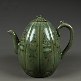 A Korean celadon painted melon edge pot