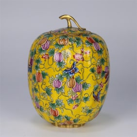 A bronze tire painting enamel made in the Qianlong period of the Qing Dynasty with a melon-shaped