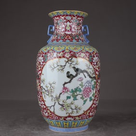 A foreign color carmine red flower entwined flower and bird amphora made in the Qianlong period of