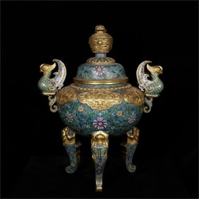 A purple copper cloisonné enamel three-legged double phoenix ear incense burner made in the