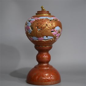 A Qing Dynasty hollow Fan red gold-painted carp leaping dragon gate aroma burner