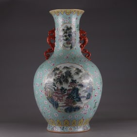 A turquoise green background gold-painted window landscape amphora made in the Qianlong period of