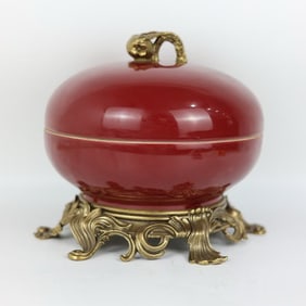 A beautiful red glazed copper pomegranate fruit box