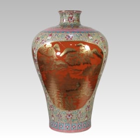 A Qing Dynasty Qianlong era enamel color ancient moon pavilion open window sand red gold-painted