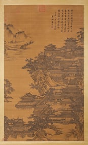 A silk book of Tang Yin's landscape pavilion vertical axis