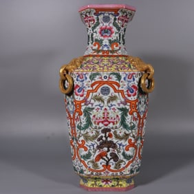 A pastel white ground entwined lotus lion ear square bottle made in the Qianlong period of the Qing