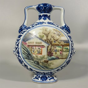 A small moon vase of the Qing Dynasty blue and white and pastel farmhouse