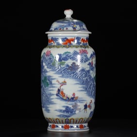 A blue and white Doucai landscape character story pot made in the Qianlong period of the Qing