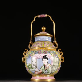 A bronze tire painting enamel mother and baby picture of the Qing Dynasty lifting beam pot