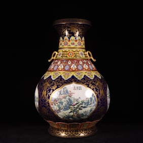 A blue and gilded windowed landscape figure binural neck vase made in the Qianlong period of the