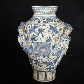 A blue and white pile carved Eight Immortals jar of the Yuan Dynasty