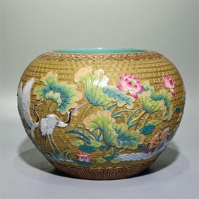 A Qing Dynasty Qianlong era enamel colored gold carved lotus pond love pen washing tank