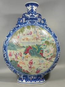 A blue and white colorful hundred children of the Qing Dynasty holding the moon