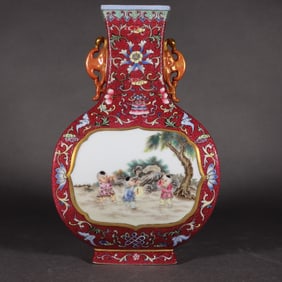 A carmine red rolling road eight treasures open window boy amphora square bottle made in the