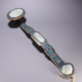 A bronze cloisonné inlaid with Hetian jade Fulu Shou Ruyi ornament from the Qing Dynasty