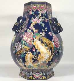 A piece of enamel colorful blue glaze flower and bird sheep head statue made in the Qianlong period