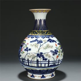 A blue and pastel colored banana caryophyllum flower bird jade spring pot of the Qing Dynasty