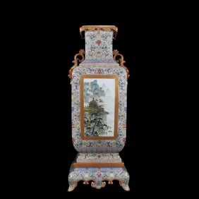 A square bottle made in the Qing Dynasty with enamel color, ancient Yuexuan lion ears, windows on