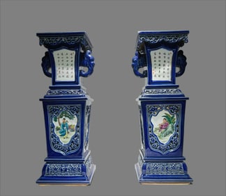 A pair of Qing Dynasty Qianlong style blue hollow window Eight Immortals figure binaural square