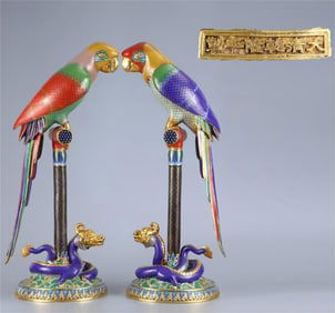 A pair of copper cloisonné enamel parrots made in the Qianlong period of the Qing Dynasty