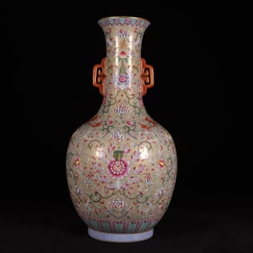 A pastel golden-ground anchovy floral pattern amphora made in the Qianlong period of the Qing