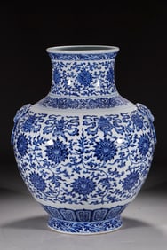 A blue and white entwined lotus made in the Qianlong period of the Qing Dynasty with eight treasure