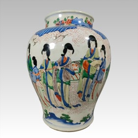 A blue and white colored Doucai character jar of the Qing Dynasty Kangxi
