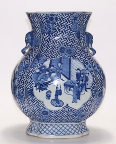 A blue and white four-sided window made in the Kangxi period of the Qing Dynasty, landscape