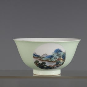 A green brocade pastel open-window landscape bowl made in the Qianlong period of the Qing Dynasty