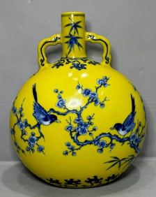 A yellow blue and white magpie plum holding the moon vase made in the Yongzheng year of the Qing