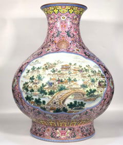 A Qing Dynasty enamel color carmine red anchovy grass Qingming Shanghe Tu pot-bellied bottle