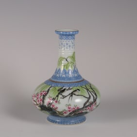 A Qing Dynasty Yongzheng year enamel apricot forest spring swallow mustard bottle