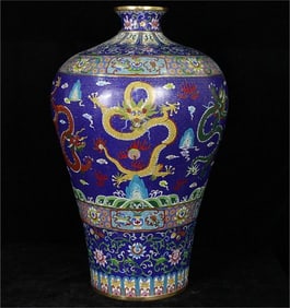 A pair of copper cloisonné enamel colorful five-dragon plum bottles made in the Qianlong era of the