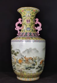 A yellow enamel color hundred sheep amphora made in the Qianlong period of the Qing Dynasty