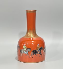 A Qing Dynasty Yongzheng year enamel coral red figure five kings drunken return to the picture