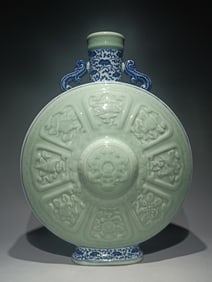 A Qing Dynasty Qianlong blue and white entwined lotus bean celadon glaze secretly engraved with