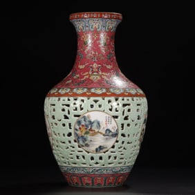 A carmine carved four-season landscape set bottle made in the Qianlong period of the Qing Dynasty