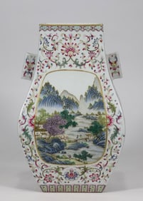 A Qing Dynasty red lychee mountain house pastel landscape piercing ear square bottle