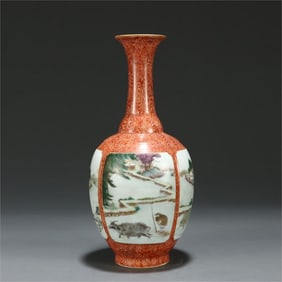 A Qing Dynasty wood-grain glazed window character story bottle