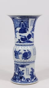 A blue and white character story poem flower cup of the Kangxi era of the Qing Dynasty