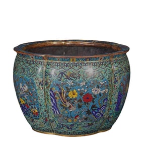 A cloisonné enamel phoenix peony roll jar from the Qing Dynasty