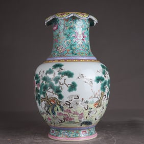A pastel pine crane longevity cloud mouth bottle of the Qing Dynasty Qianlong style