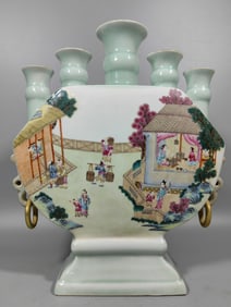 A Qing Dynasty azure glaze five-tube amphora pastel flat bottle