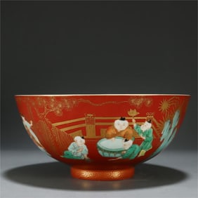 A red glaze gold-painted baby play bowl of the Qing Dynasty