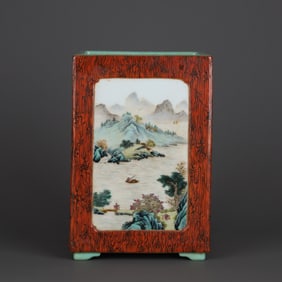 A Qing Dynasty Qianlong's wood grain glazed window pastel landscape poetry and text picture square