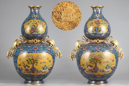 A pair of copper cloisonné enamel double fish gourd bottles made in the Qianlong period of the Qing