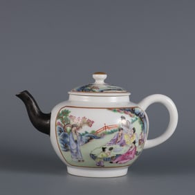 A pastel window opening character story chrysanthemum pattern teapot made in the Qianlong period of