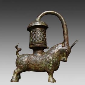 A fine bronze inscription bull lamp