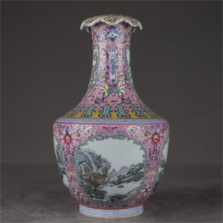 A pink passionflower window landscape amphora made in the Qianlong period of the Qing Dynasty: Qing Dynasty Qianlong year powder ground passionflower window landscape amphora Size:H:30.5cm Belly D:18cm (The Dimensions Of All Batches Are Manually Measured.If You Need More Detailed Information, P