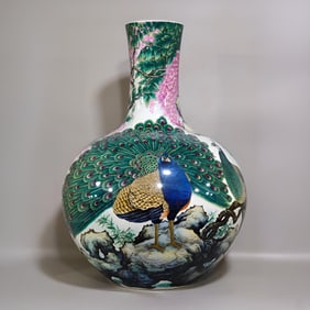 A Qing Dynasty Qianlong year enamel color Lang Shining peacock open screen inscription poem Tianqiu